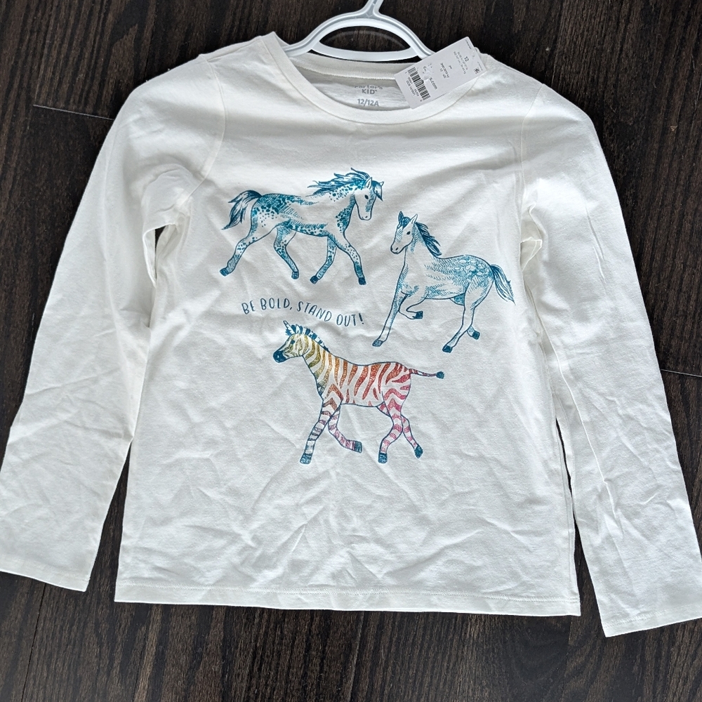 5/$35 Carter’s Girls Long Sleeve Tee 12 White Horse Zebra Graphic Cotton